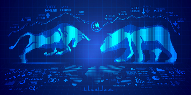 Bull and bear in front of trading charts